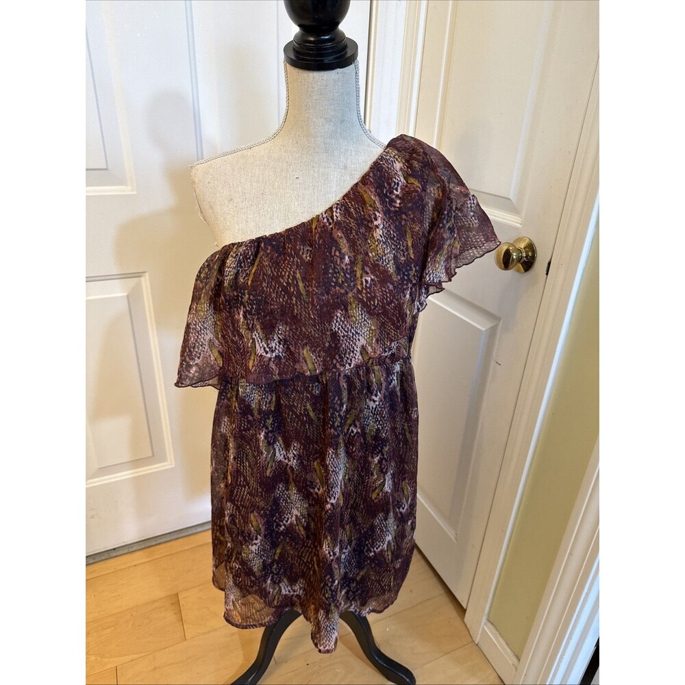 Y2K ONE SHOULDER Dizzy Lizzy Maroon Printed Mini Dress Size L One Shoulder